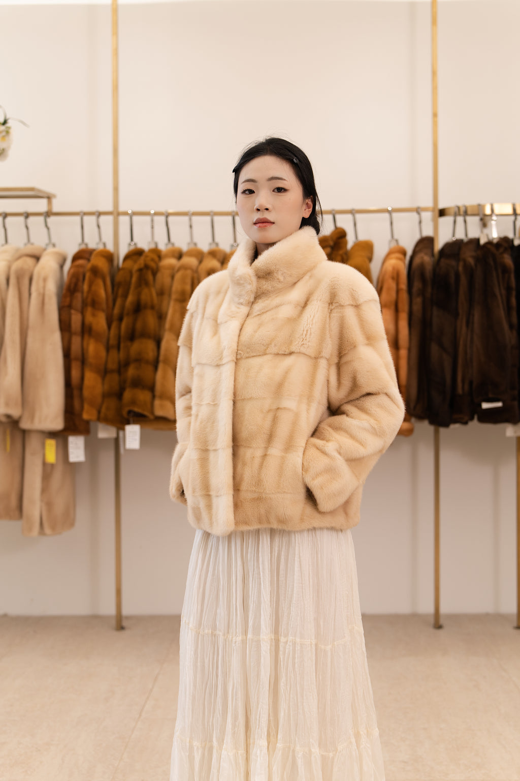 The Stand Collar Horizontal Panel Mink Coat