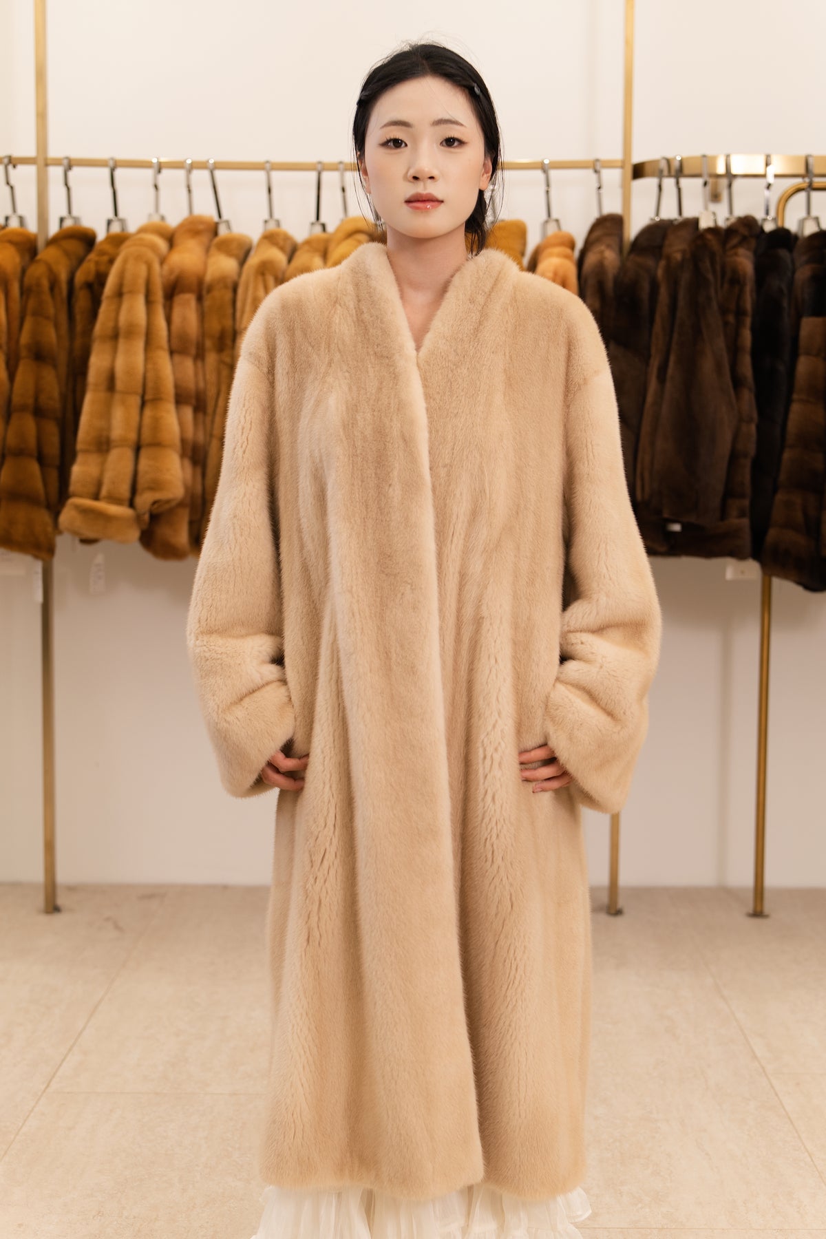 Golden Camel Long Mink Coat