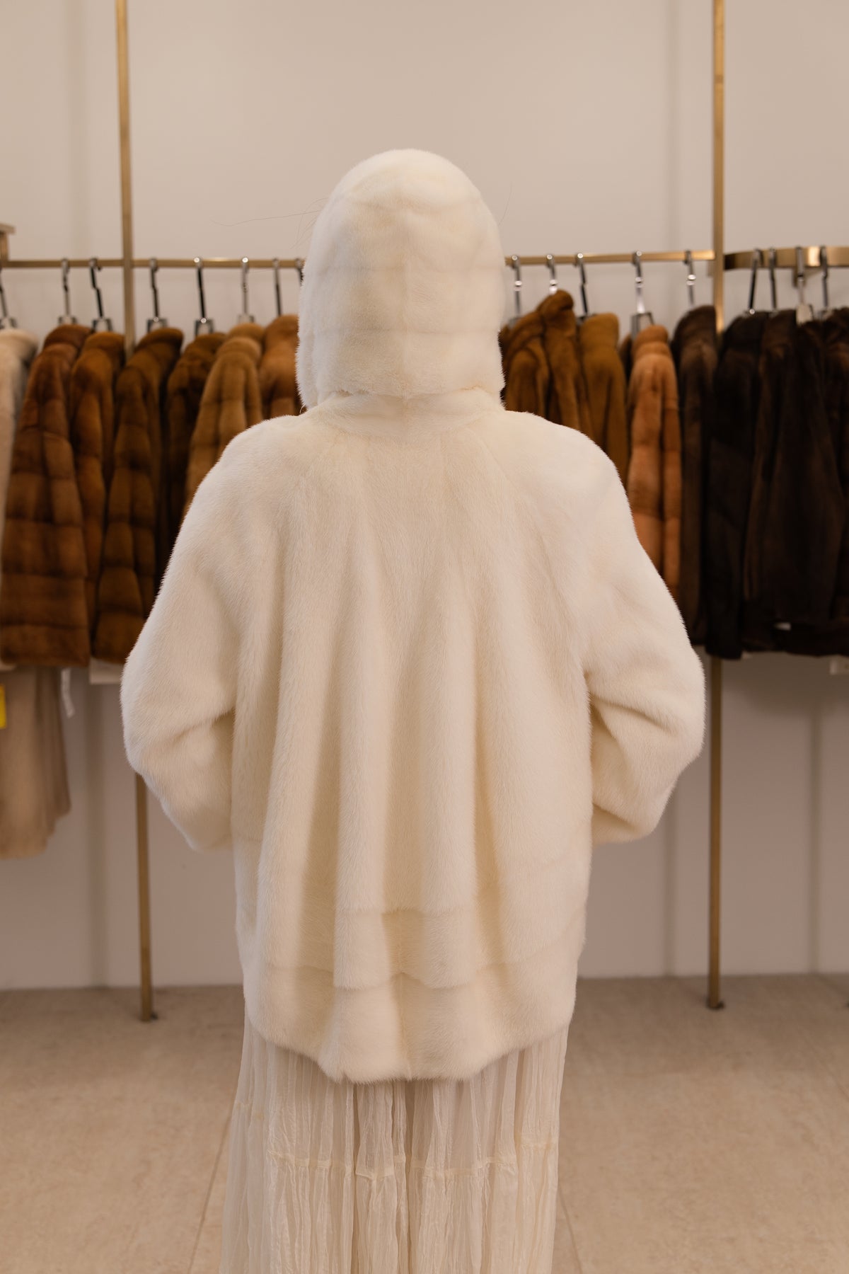 The Ivory White Hooded Mink Coat