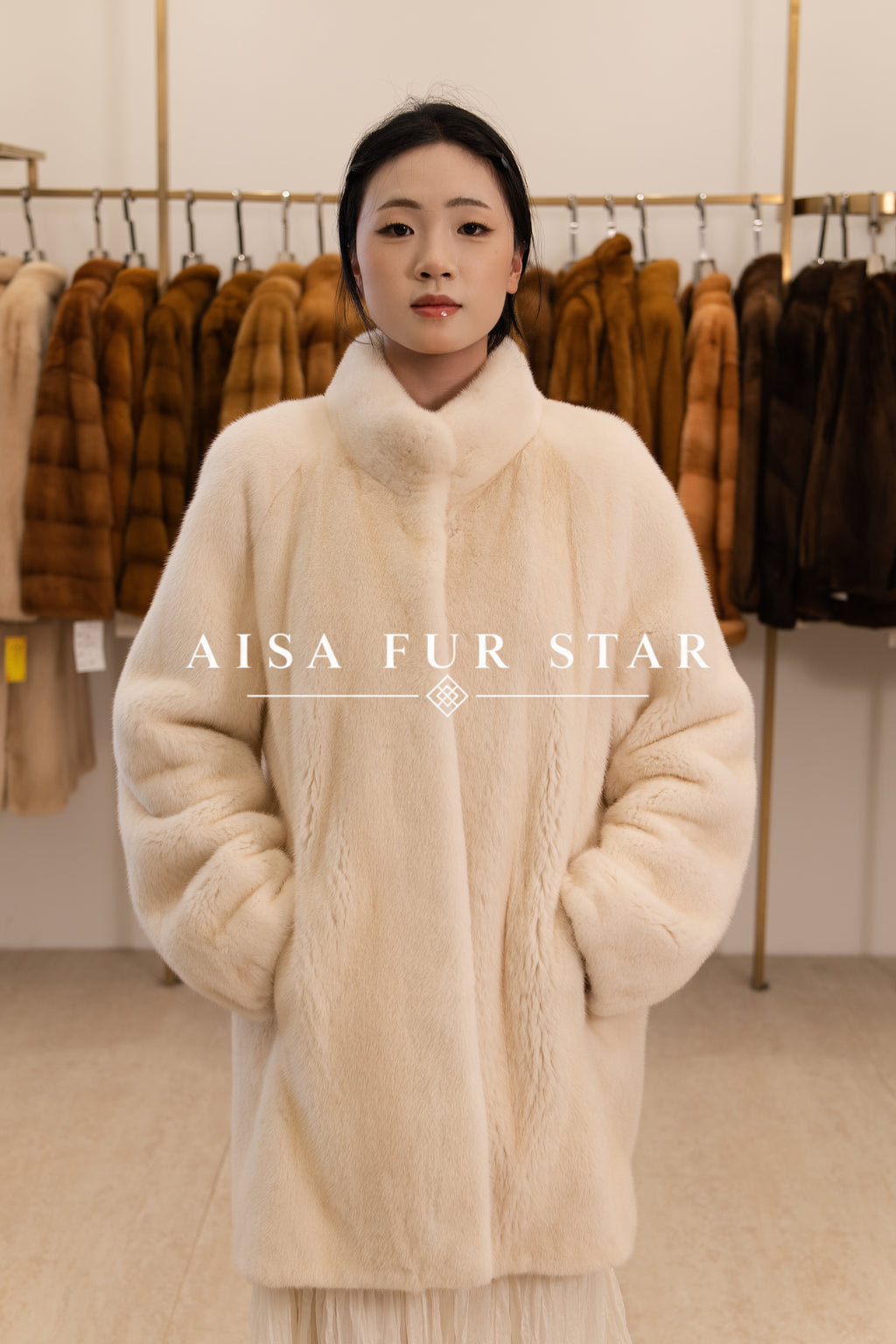 Off-White Stand Collar Long Mink Coat