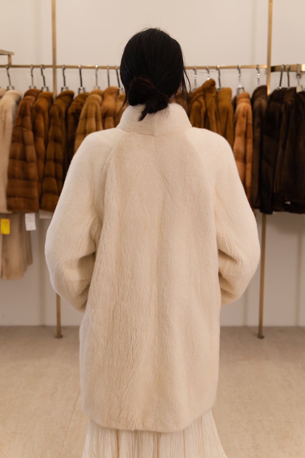 Off-White Stand Collar Long Mink Coat