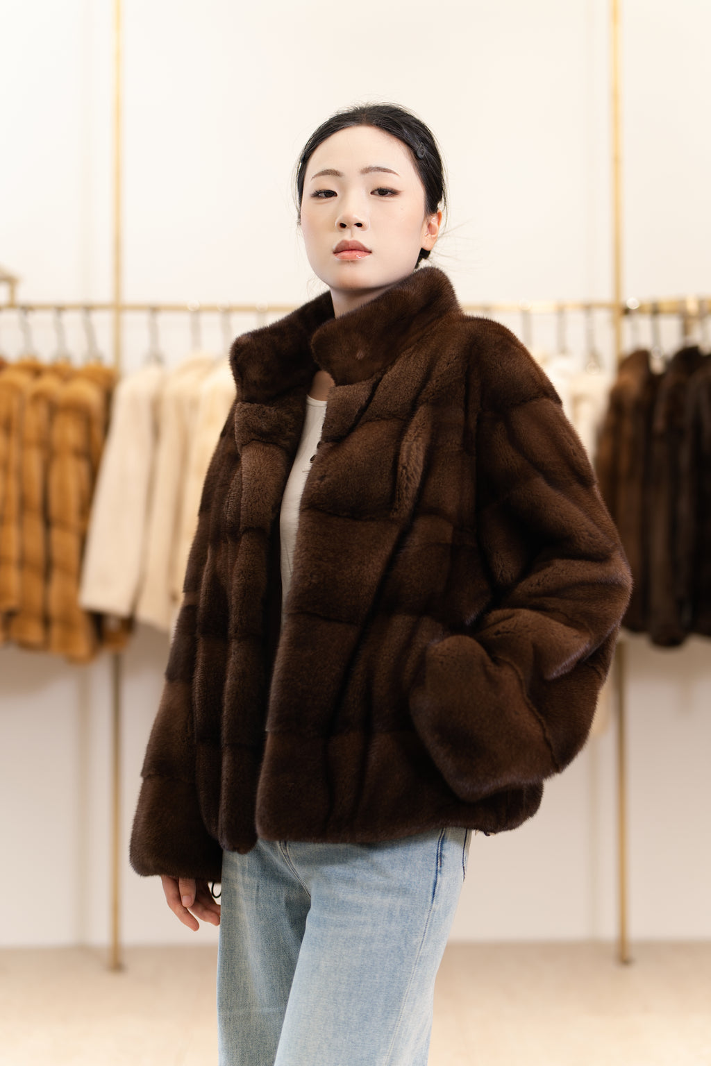 The Stand Collar Horizontal Mink Coat