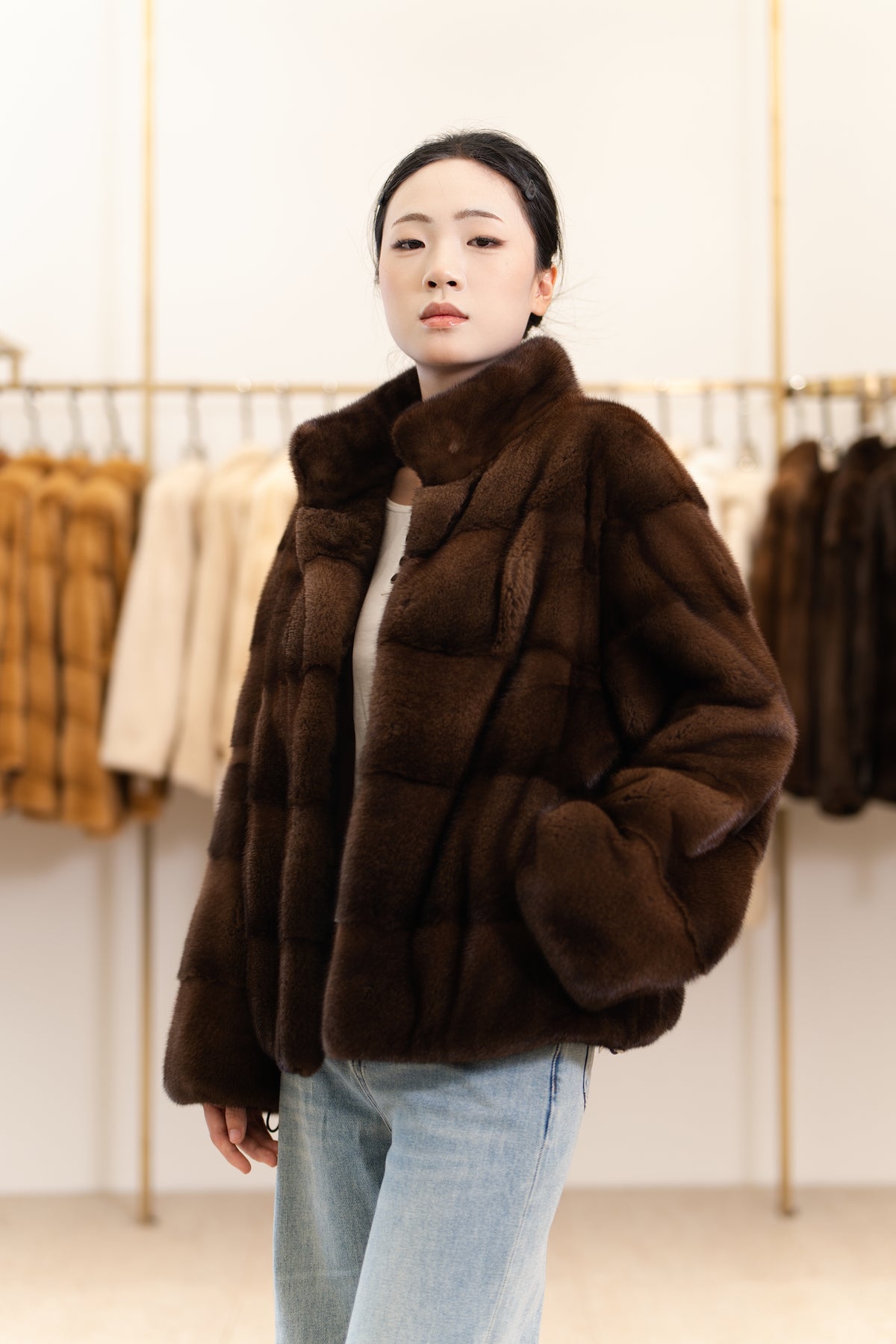 The Stand Collar Horizontal Mink Coat