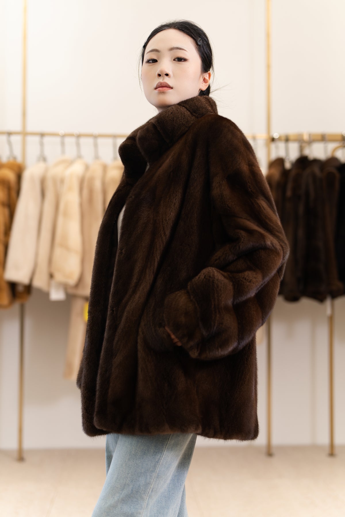 The Stand Collar Mid-Length Mink Coat