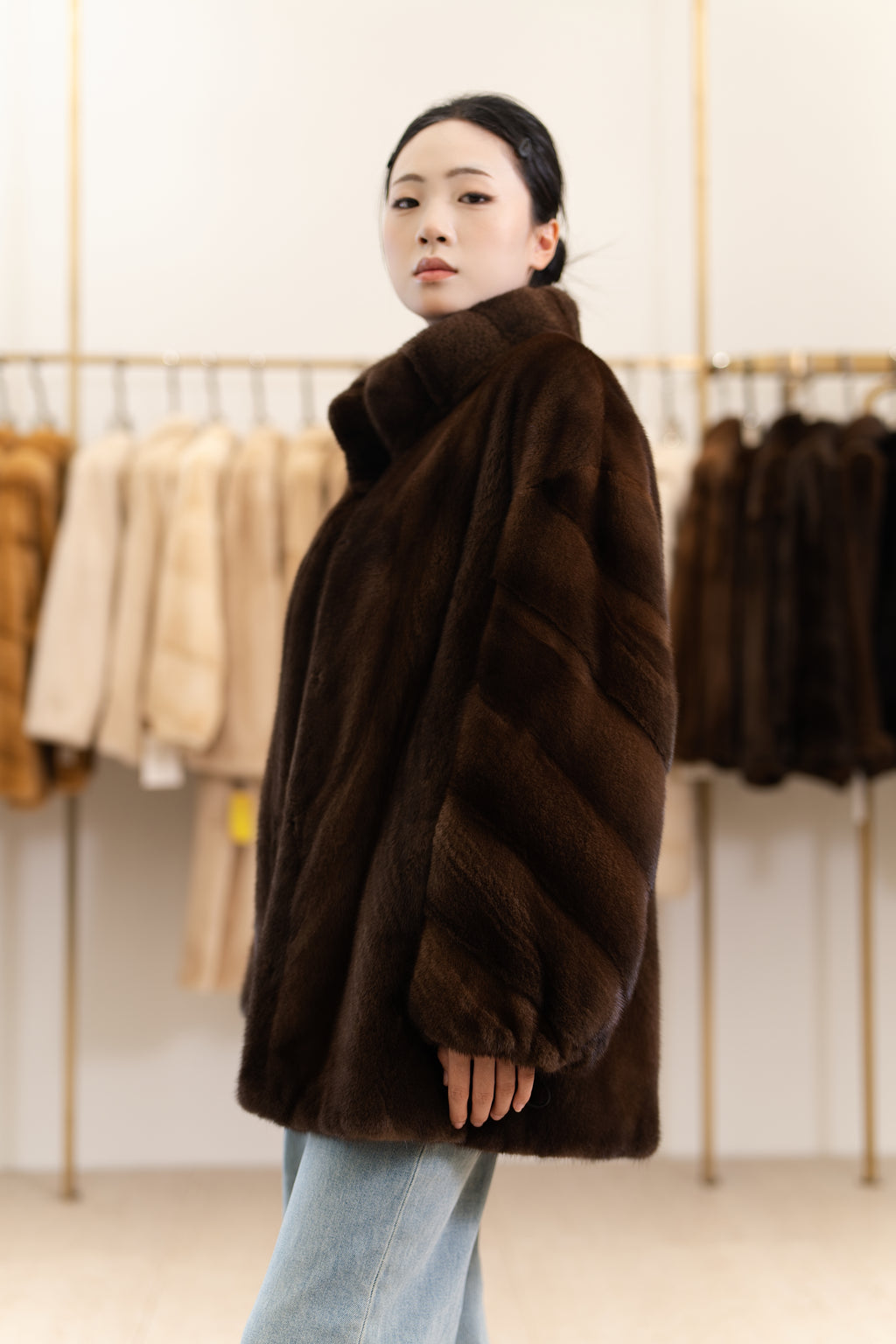 The Stand Collar Mid-Length Mink Coat