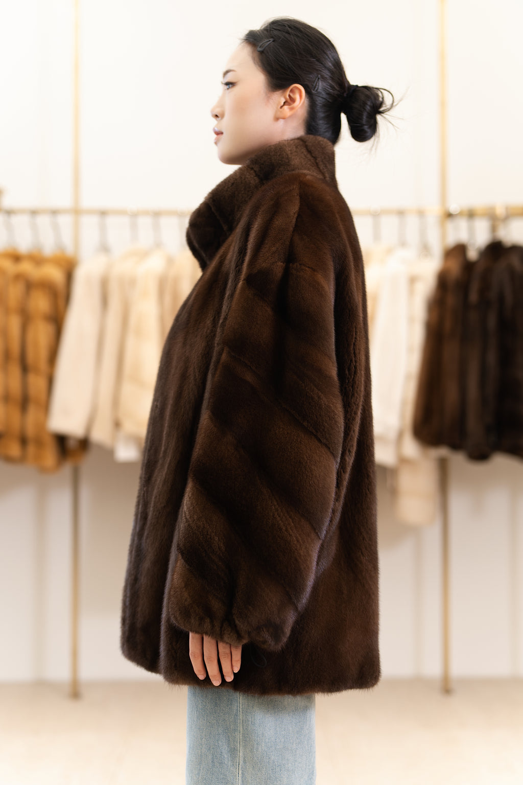 The Stand Collar Mid-Length Mink Coat