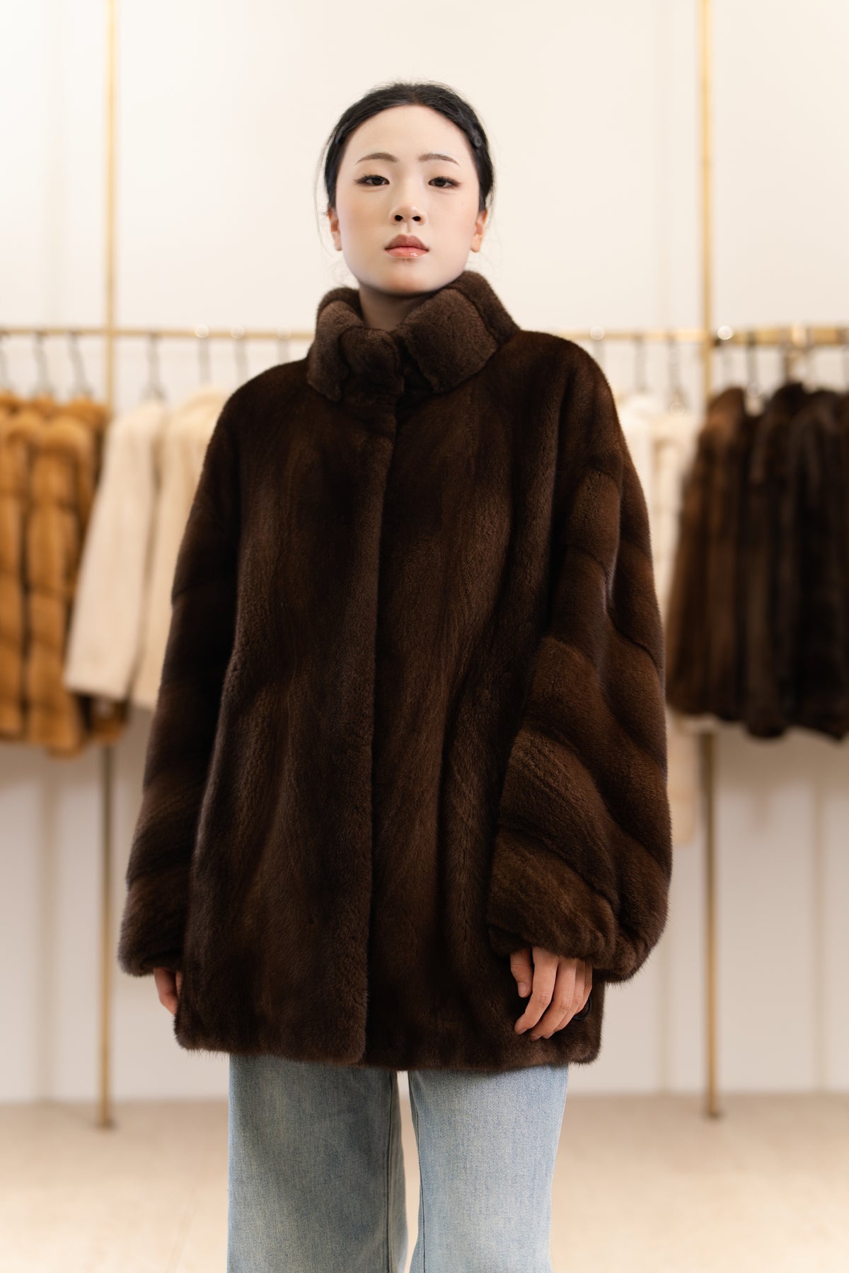The Stand Collar Mid-Length Mink Coat