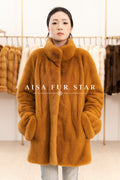 Warm Camel Stand Collar Mink Coat