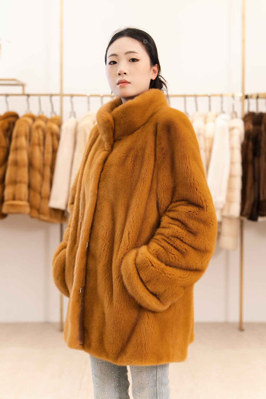 Warm Camel Stand Collar Mink Coat