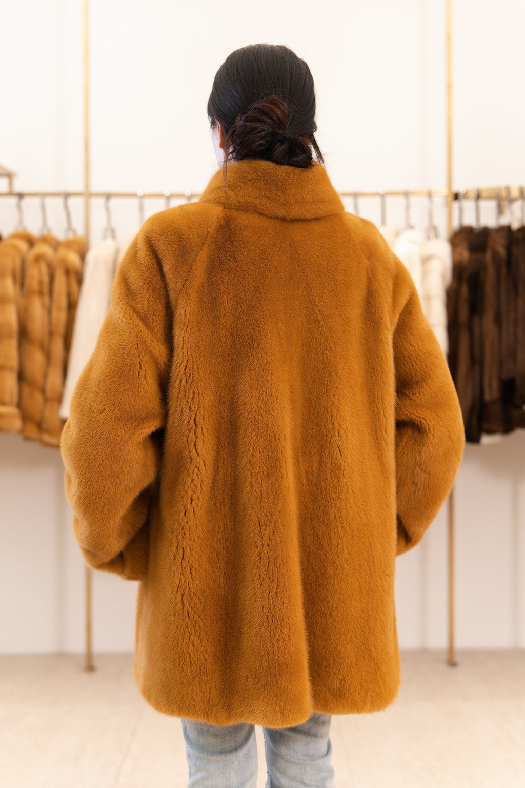 Warm Camel Stand Collar Mink Coat