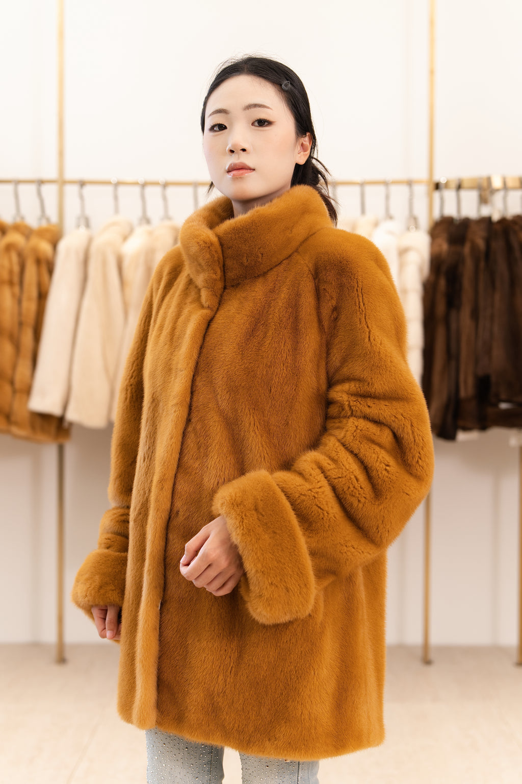 Warm Camel Stand Collar Mink Coat