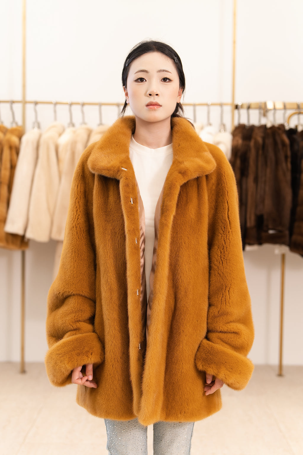 Warm Camel Stand Collar Mink Coat