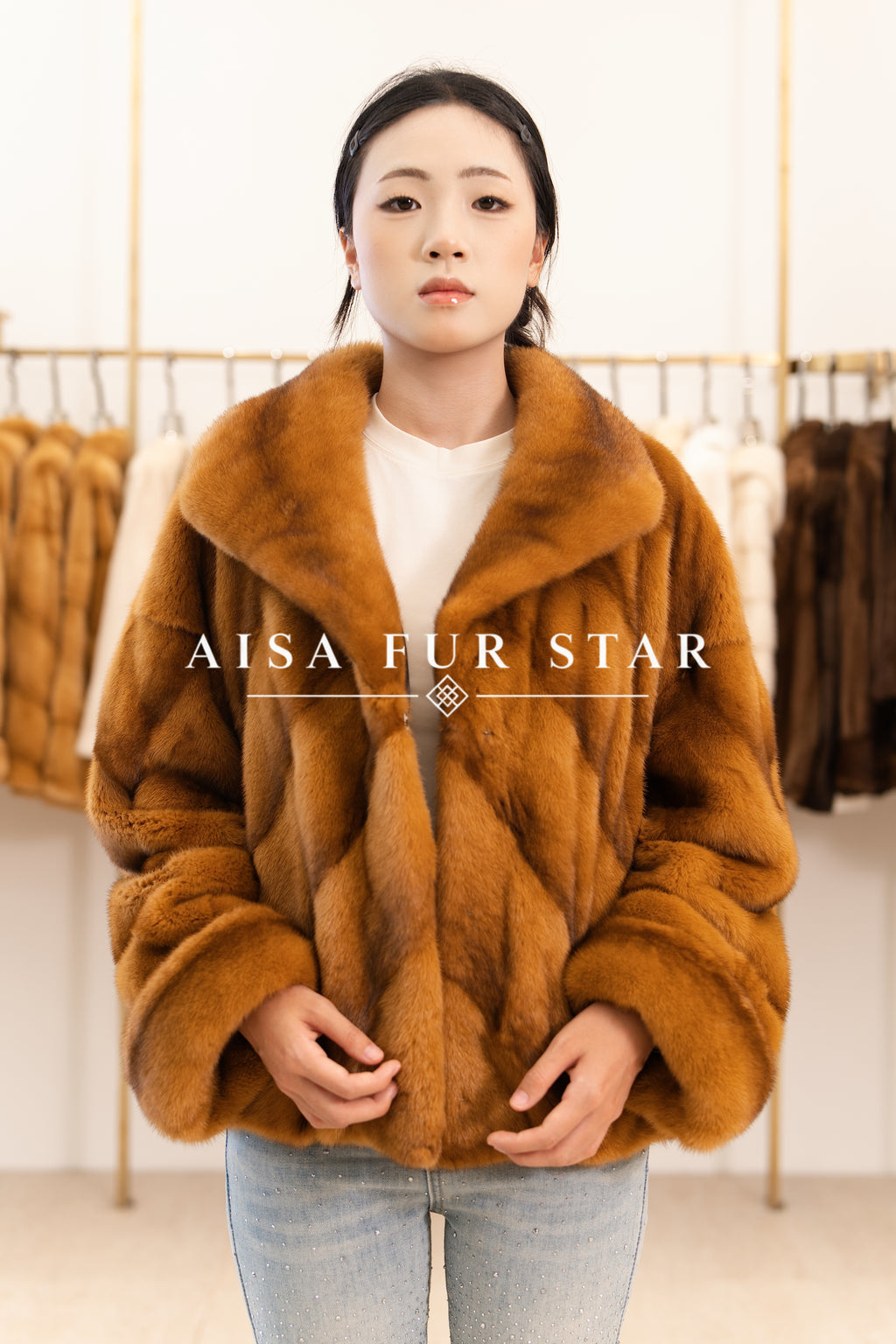 The Stand Collar Camel Mink Coat