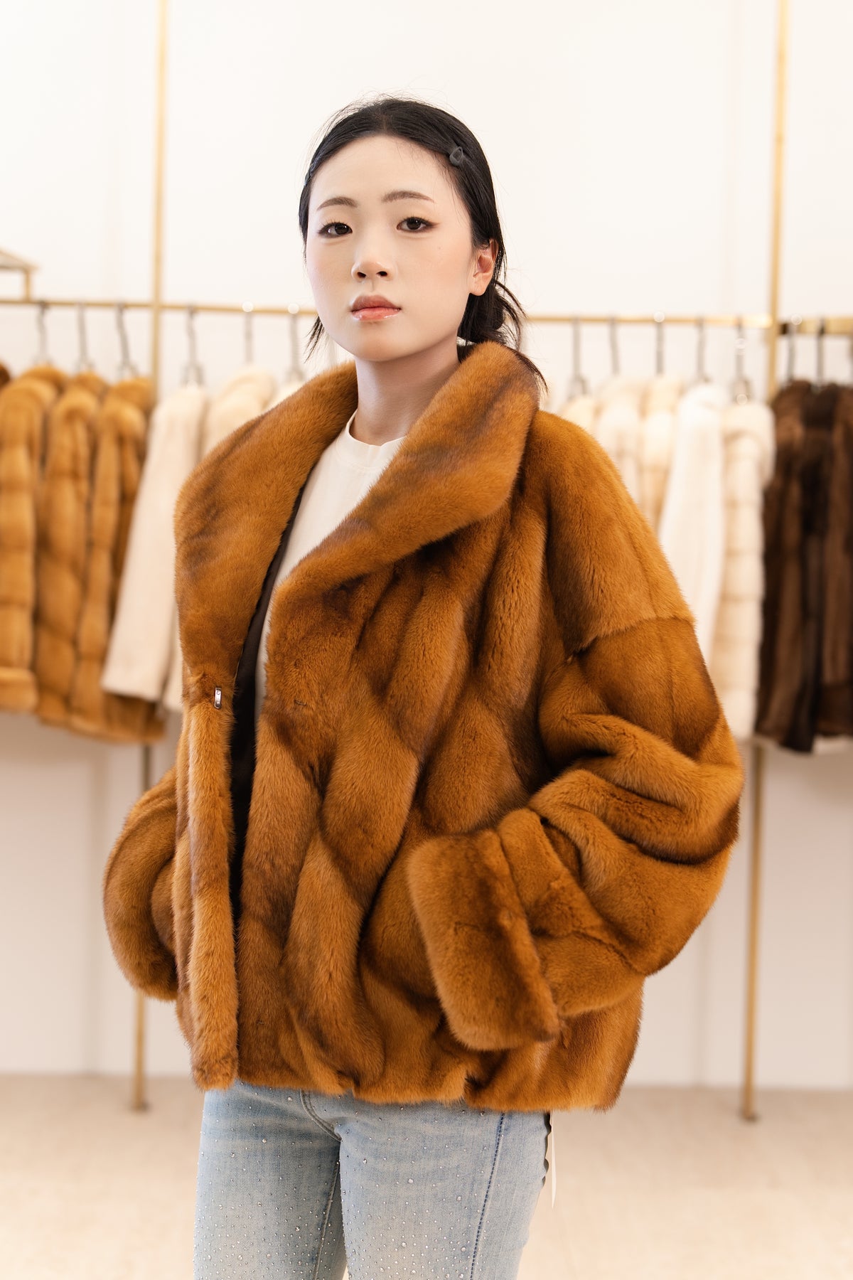 The Stand Collar Camel Mink Coat