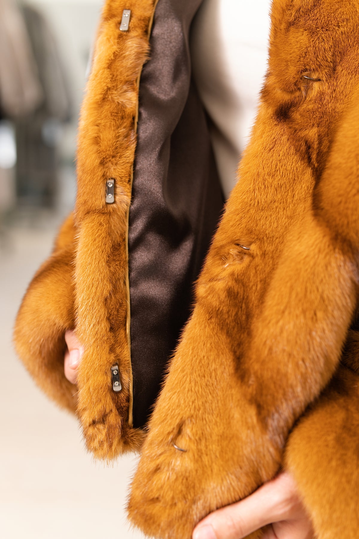 The Stand Collar Camel Mink Coat