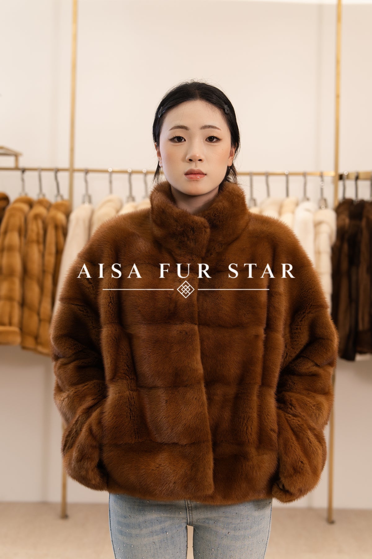 Warm Camel Stand Collar Mink Coat
