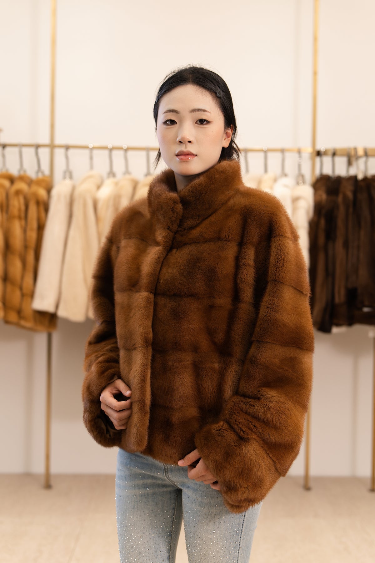 Warm Camel Stand Collar Mink Coat
