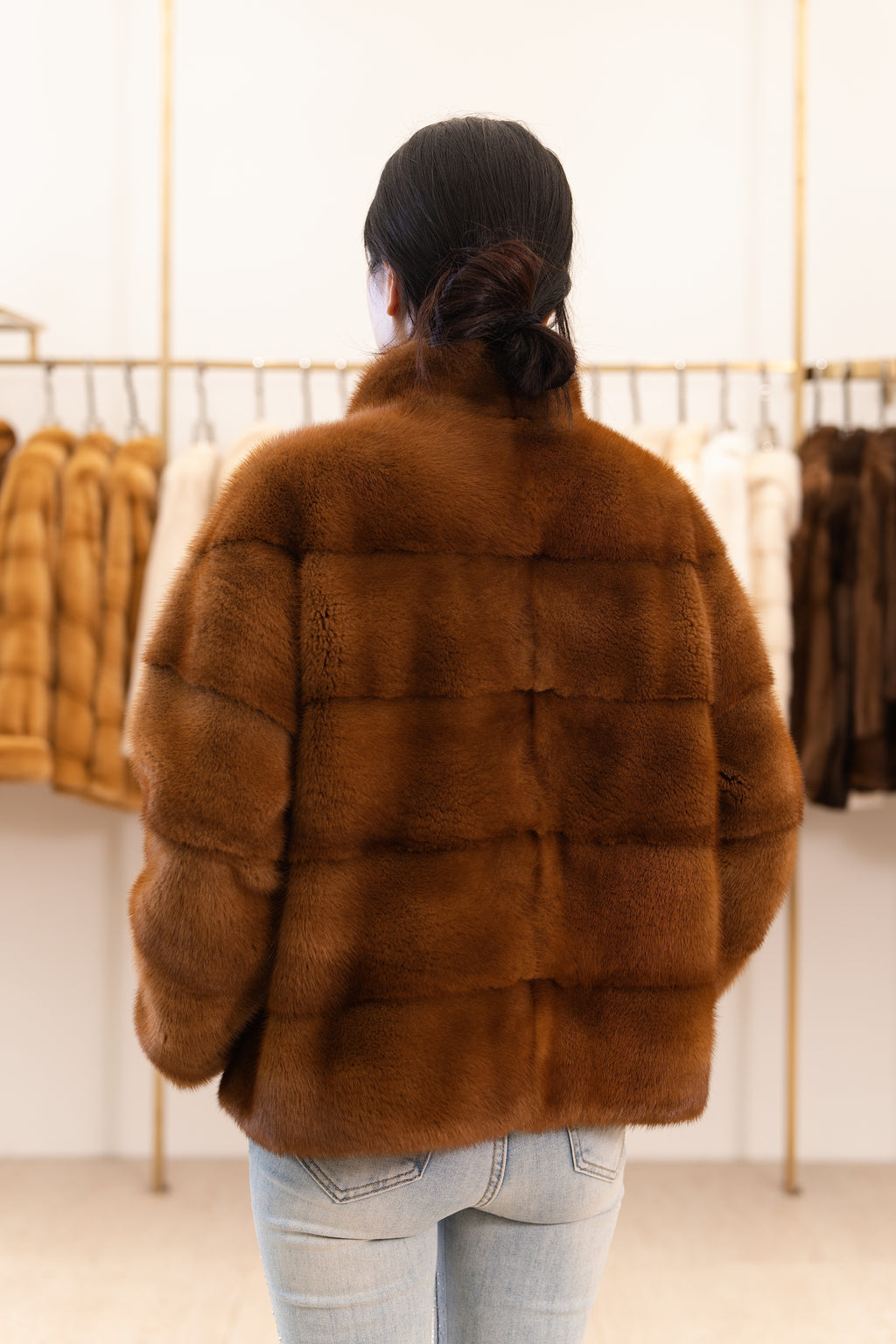Warm Camel Stand Collar Mink Coat