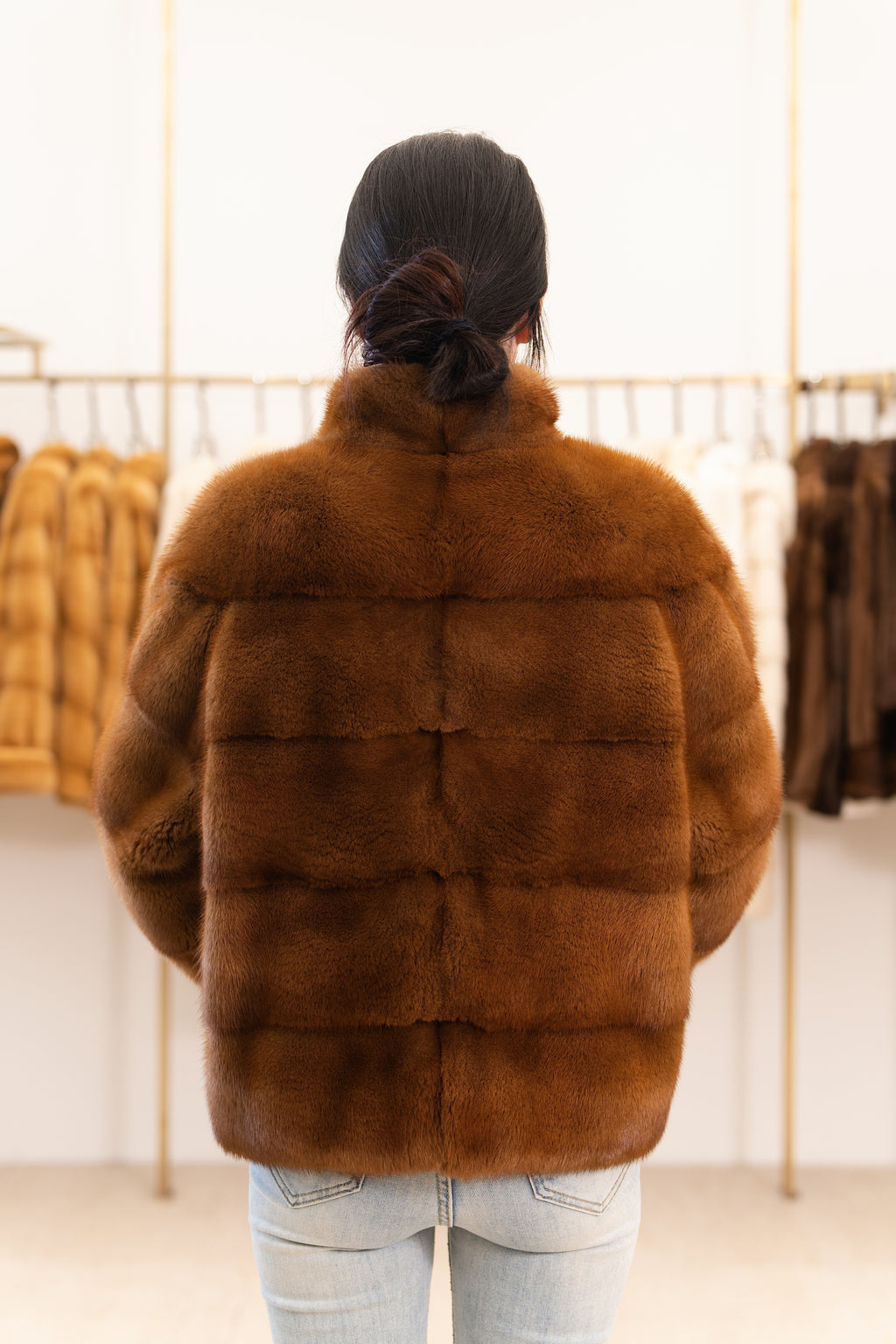 Warm Camel Stand Collar Mink Coat