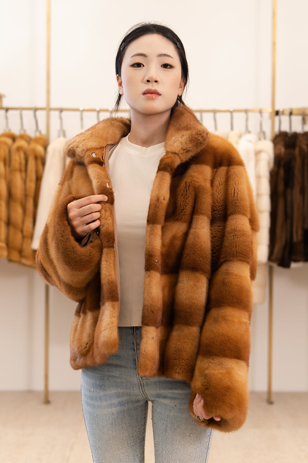 The Stand Collar Panel Mink Coat