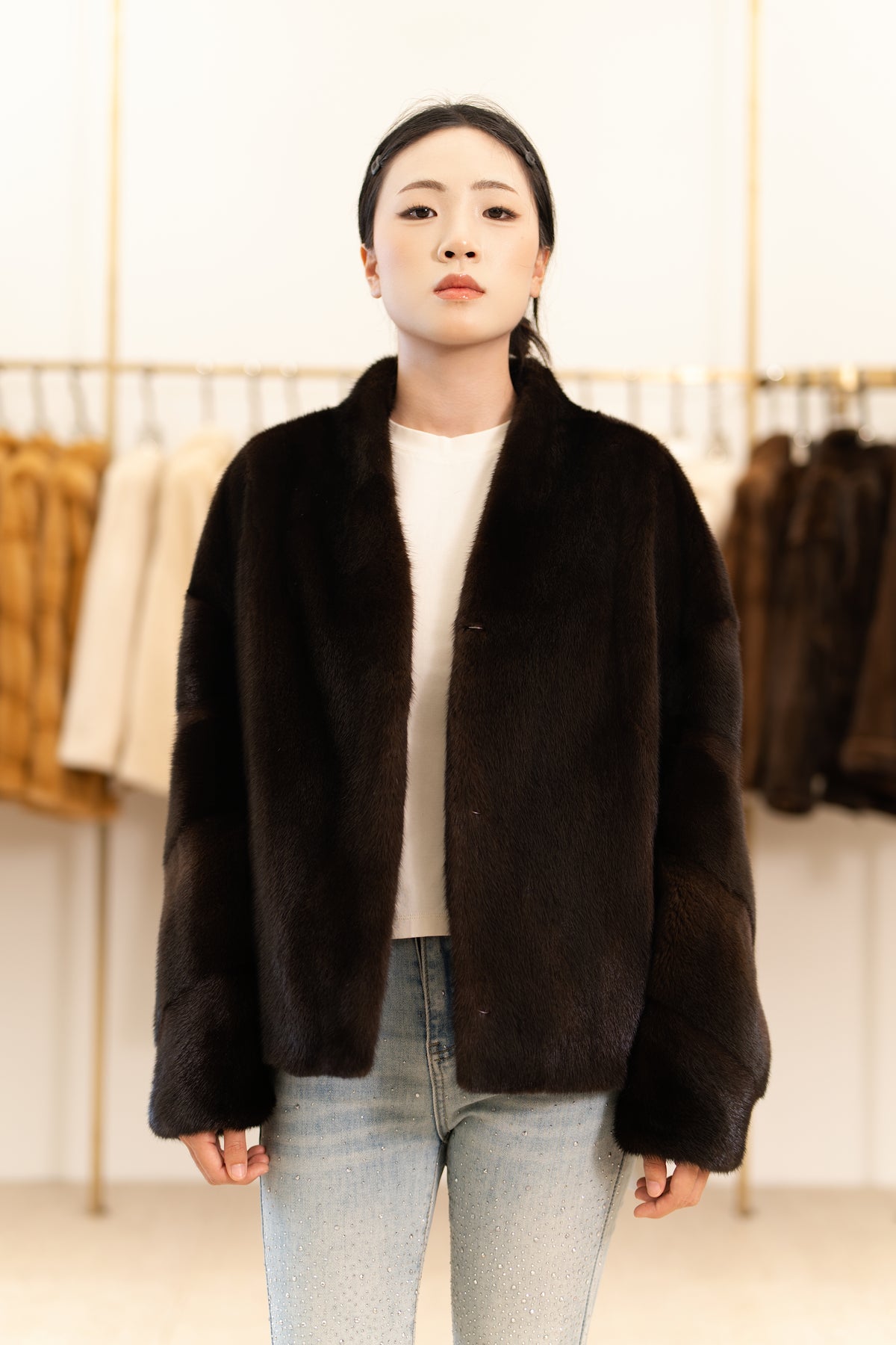 The V-Neck Boxy Mink Coat