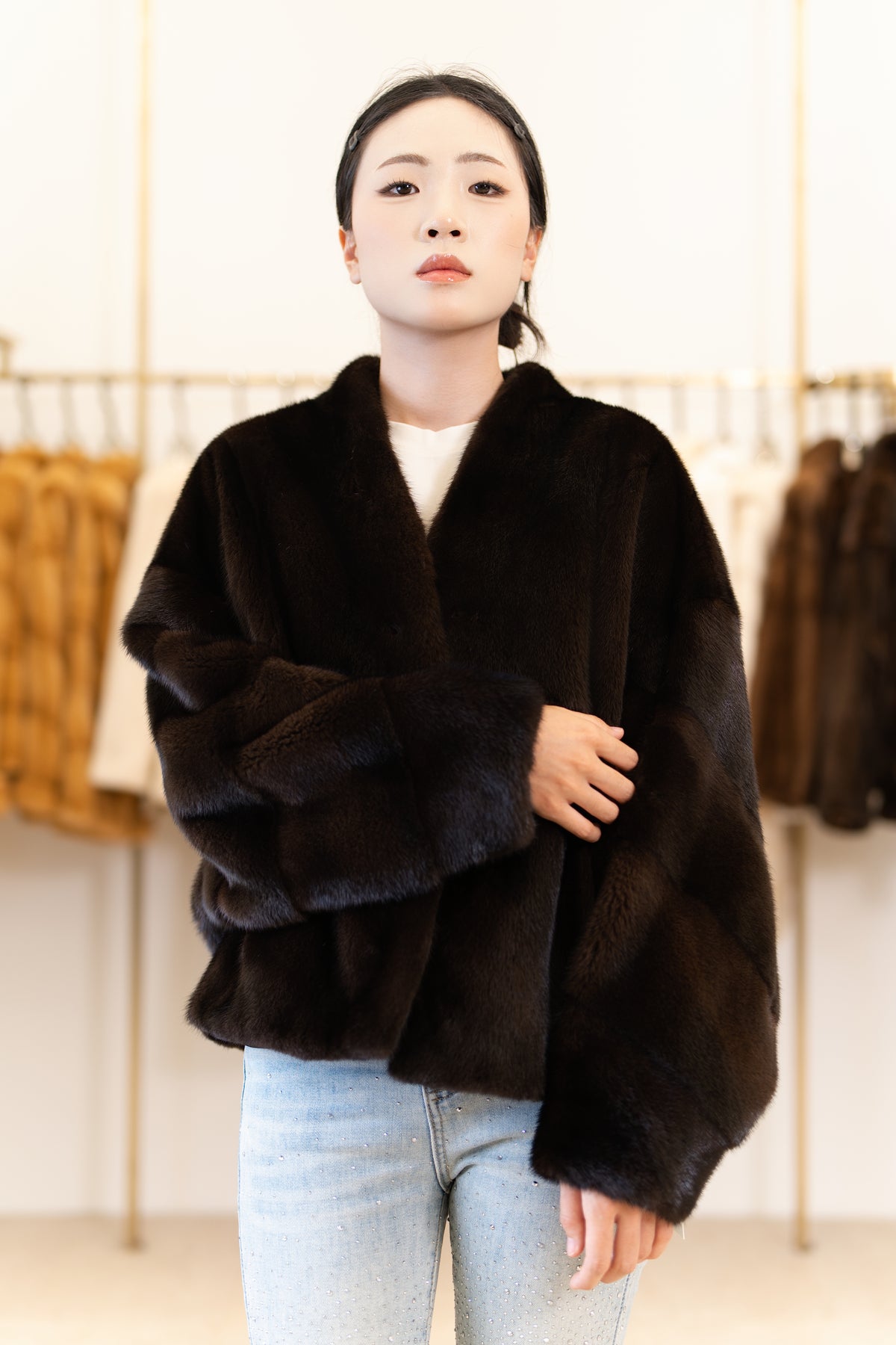 The V-Neck Boxy Mink Coat