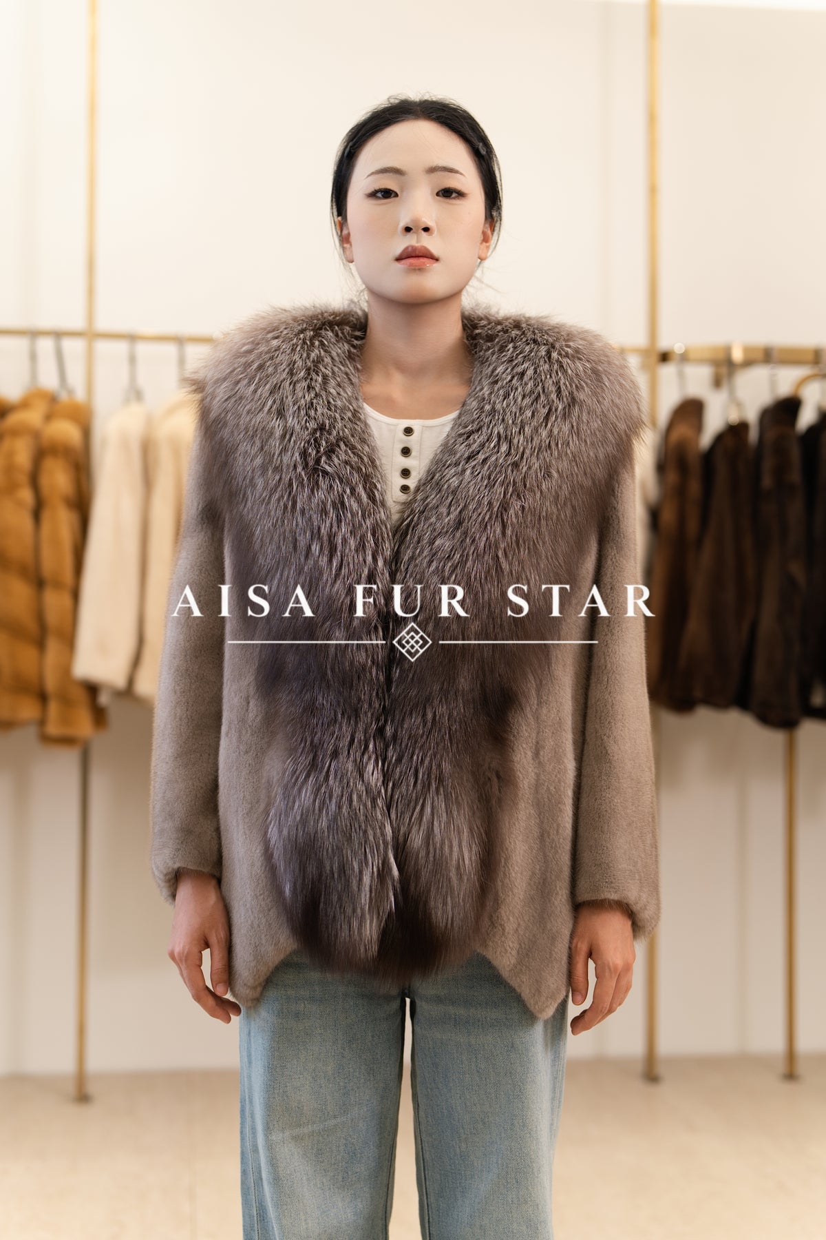 The Taupe Mink Coat with Fox Fur Trim