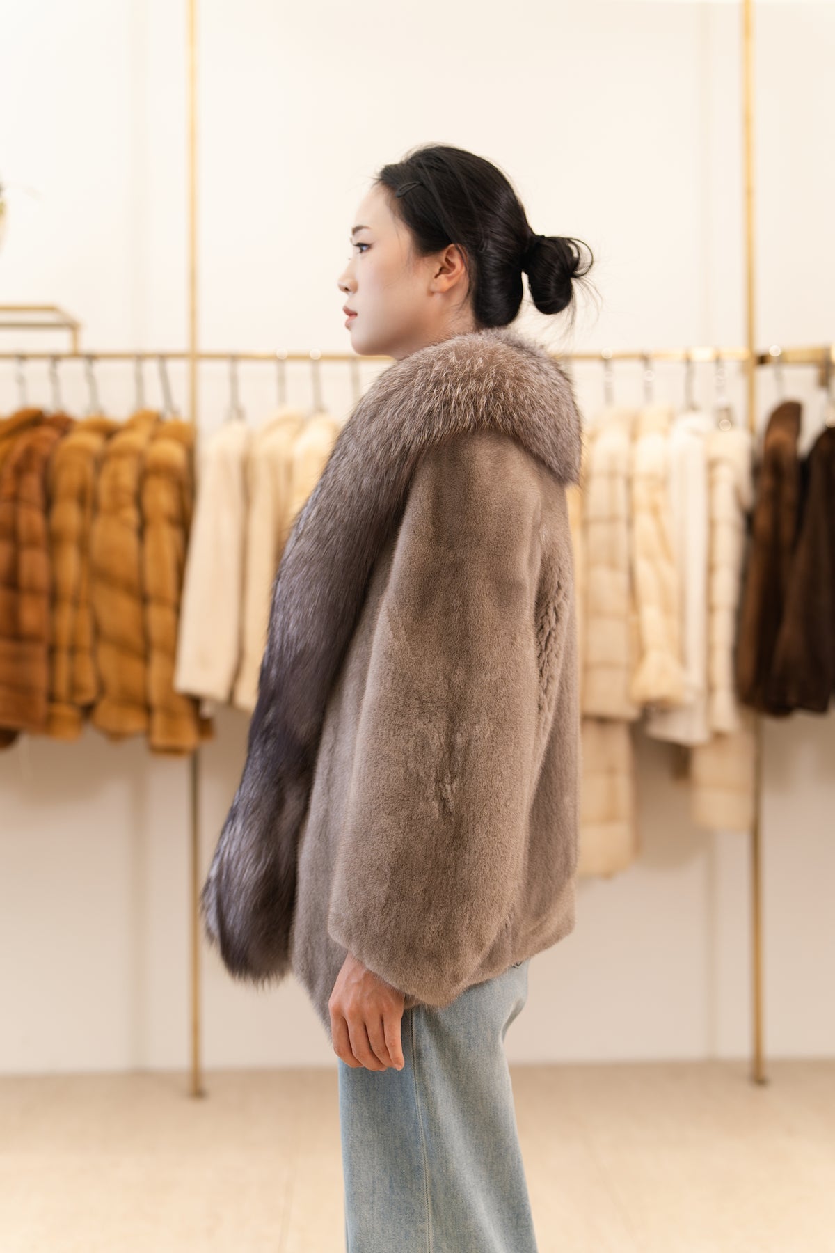 The Taupe Mink Coat with Fox Fur Trim