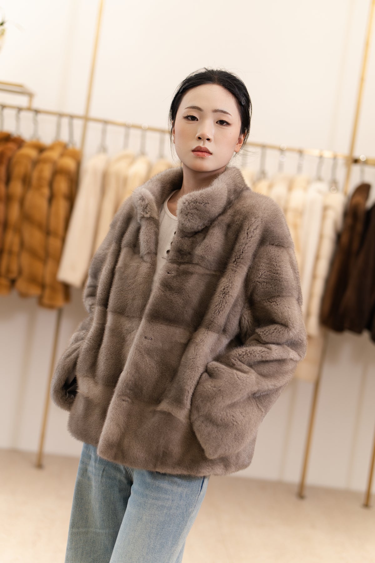 The Grid Panel Short Mink Coat