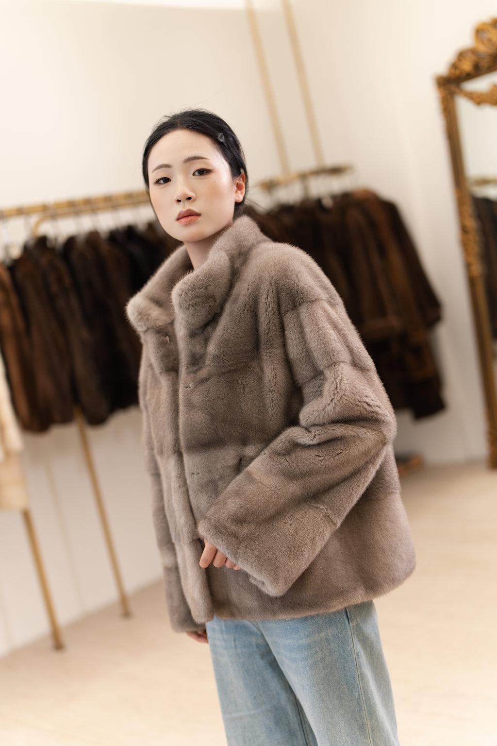The Grid Panel Short Mink Coat