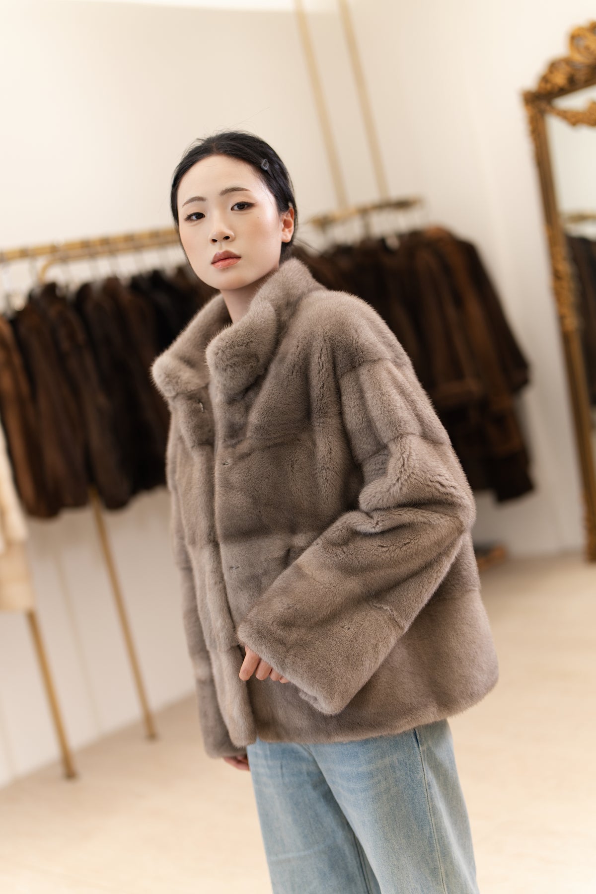 The Grid Panel Short Mink Coat