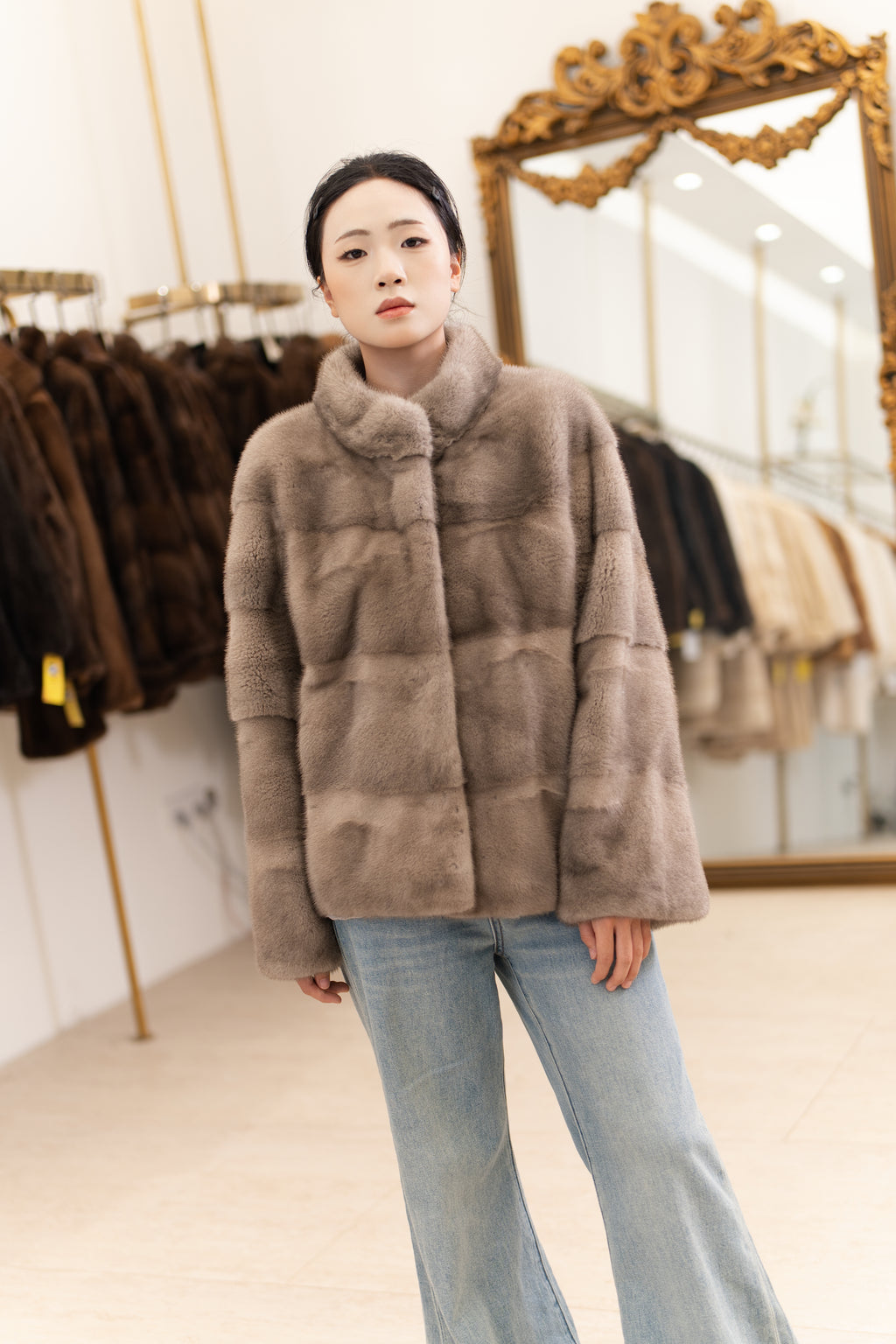 The Grid Panel Short Mink Coat