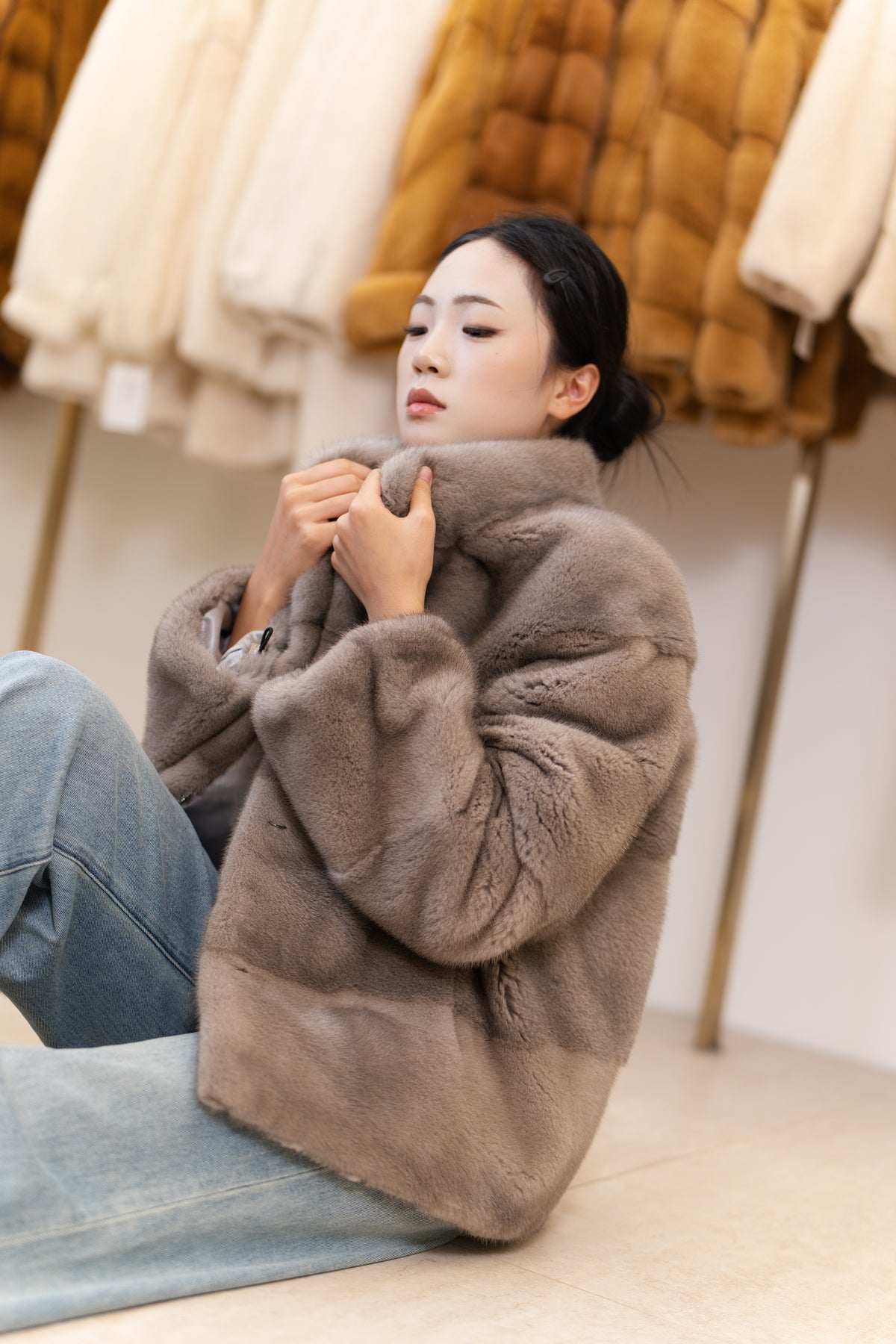 The Grid Panel Short Mink Coat