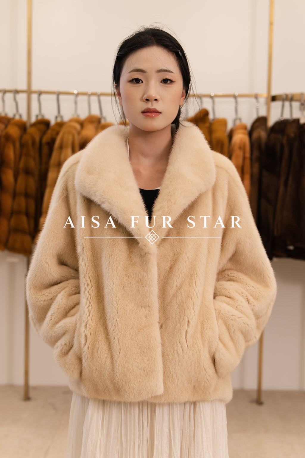 Sand Beige Notch Lapel Mink Coat