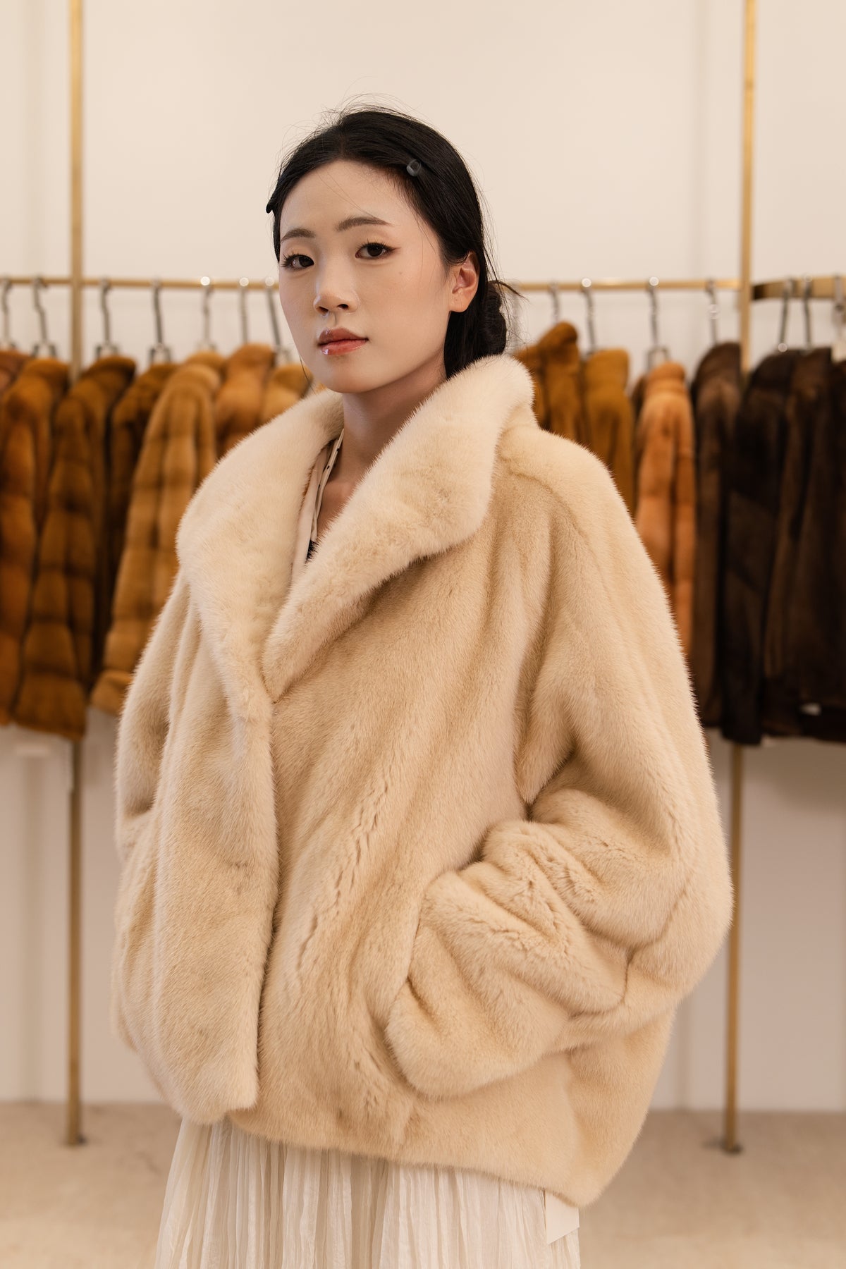 Sand Beige Notch Lapel Mink Coat