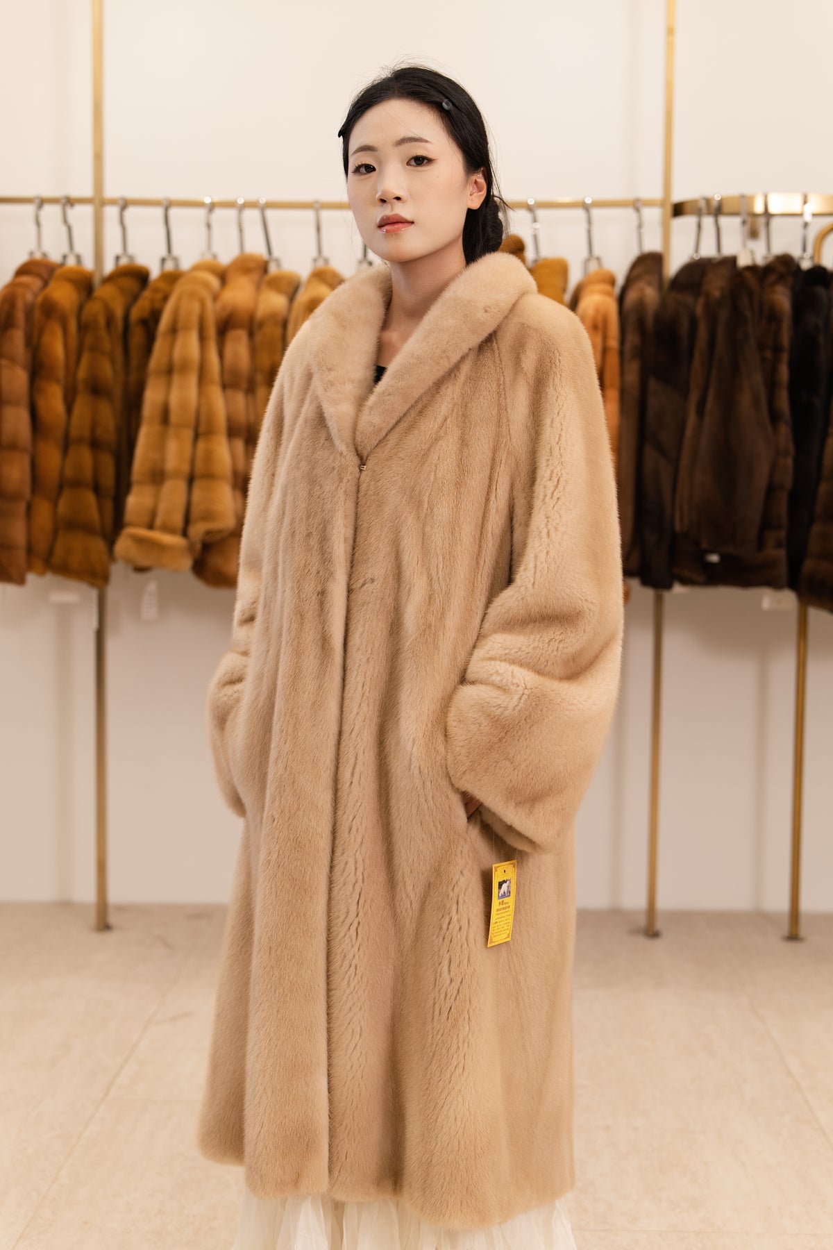 Warm Camel Longline Shawl Collar Mink Coat