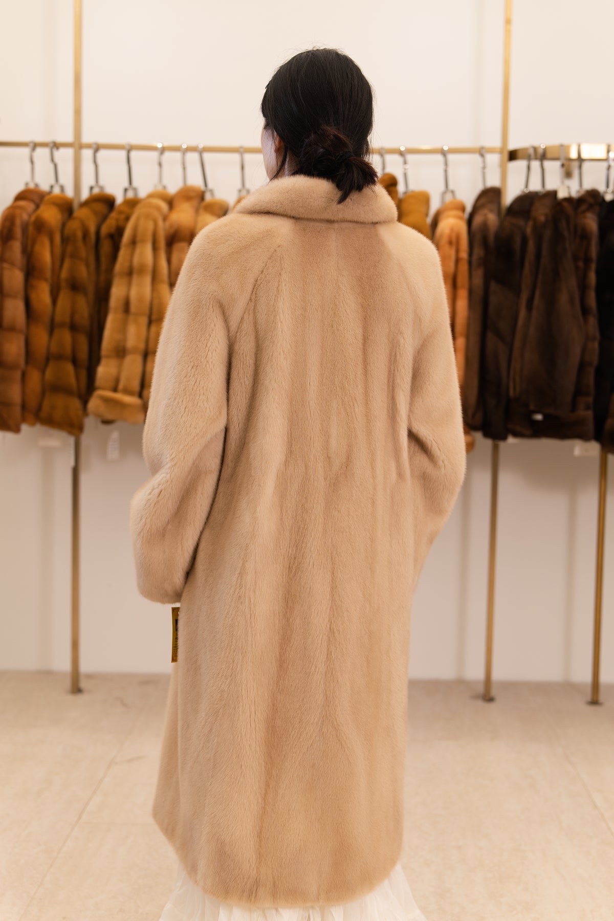 Warm Camel Longline Shawl Collar Mink Coat